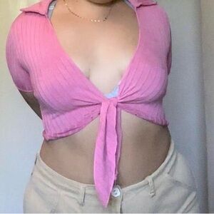 Pink collared tie front crop top